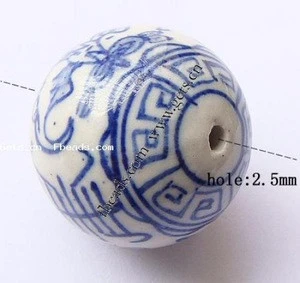 wholesale china blue and White ceramic beads round for jewelry making hand drawing 26mm Hole: 2.5mm 205950