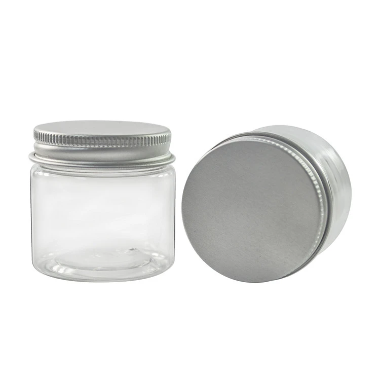 Wholesale Empty Food Container 30g 40g 50g 60g 80g 100g 120g 150g 200g 250g 500g, Clear PET Plastic Candy Jar with Aluminum Cap