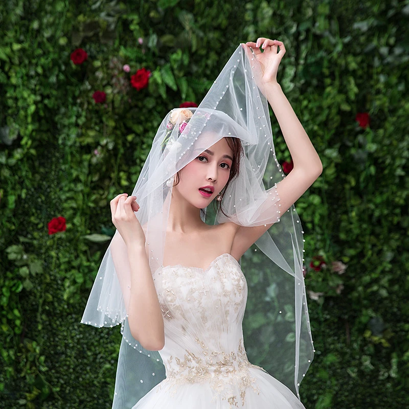 Wholesale Hot Sale In Stock Beige Veils Bead Edge Tulle One-Layer Wedding Veil High Quality Soft Bridal Illusion veils