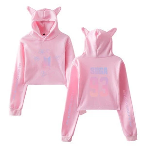 Wholesale in stock service clothing high quality OEM fashion girls crop top hoodies with cat ear hooded