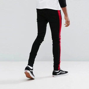 wholesale streetwear clothing patterned men super skinny black jeans with red contrast sides