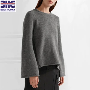Womens pure cashmere knitted oversized trumpet long sleeves crew neck sweaters