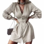 x00062c elegant long lantern sleeve red office lady dress women high waist a-line short dress  v-neck street wear dress