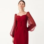 YIGELILA 2021 Summer Womens Red Fashion Evening Dresses Translucent Puff Sleeve Bodycon Pencil Dresses