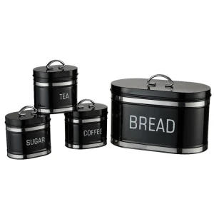 Retro 4pc bread bin & canister set with chrome stripes
