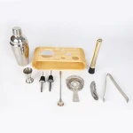 10-Piece Bar Tool Bamboo Stand Bartender Cocktail Shaker Set With Wooden Holder