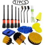 17PCS/set Detailing Brush Set Car Cleaning Power Scrubber Drill Brush Car Leather Air Vents Rim Cleaning Dirt Dust Brush