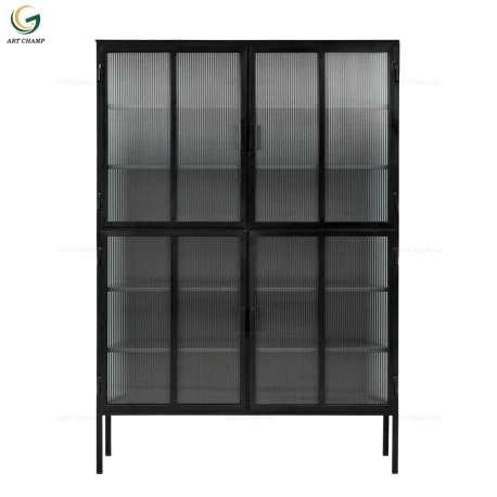 2 Door Iron and Ribbed Glass Metal Cabinet