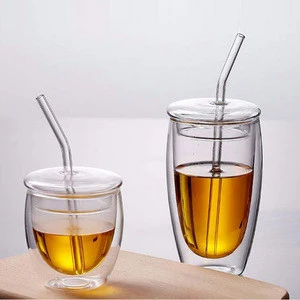2020 NEW High Quality Drinking Glass Cup Double Wall Tea Cup Transparent Glass Clear Glass with Lid and Straw custom