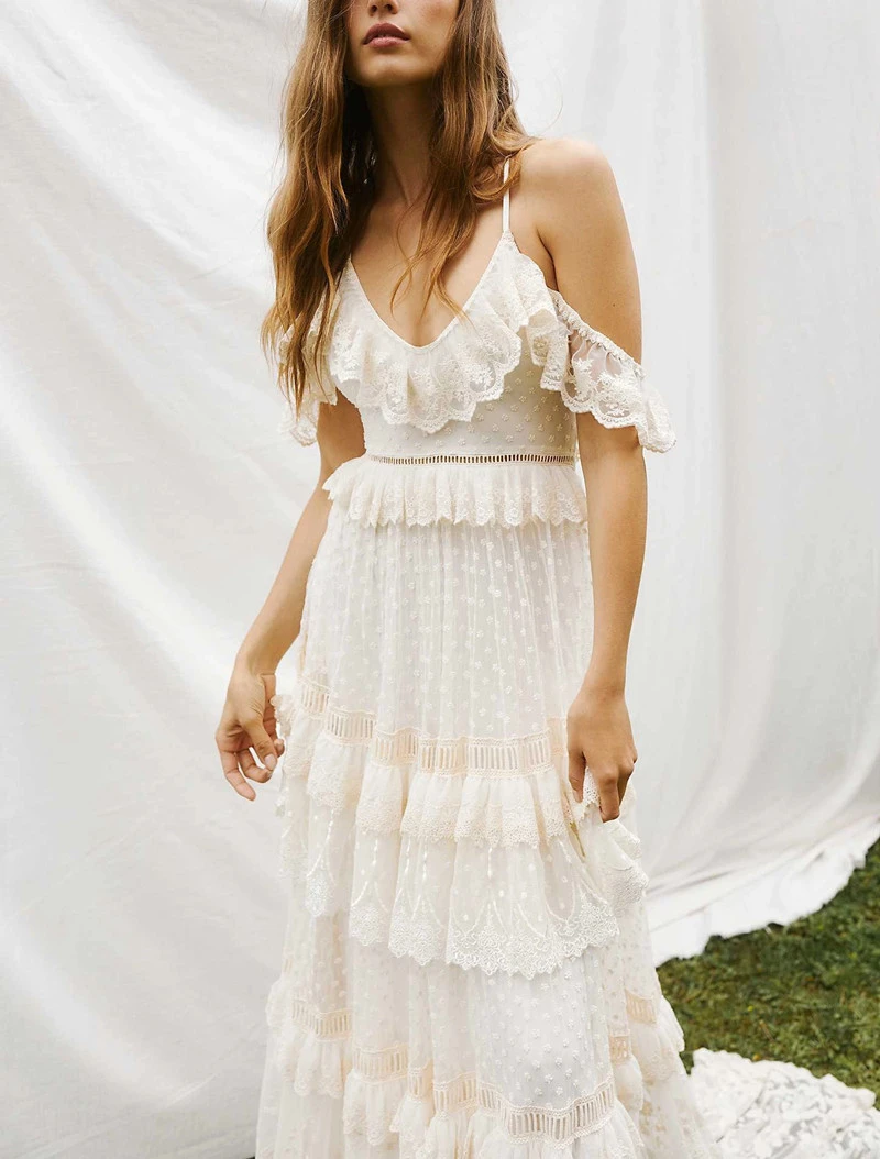 2021 New Arrival Boho Embroidery Off shoulder wedding dress Train skirt  Lace Trim bridal Gown Casual Dress mother of the bride
