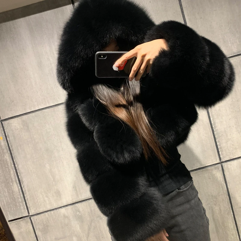 2021 new winter coat jacket women faux fox fur coat with hood fashion short style fake fur coat for lady