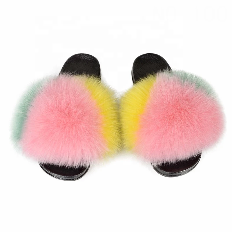 2021 pvc sole new design fashion fancy ladies   girls plush real fox fur slippers sandals women slides