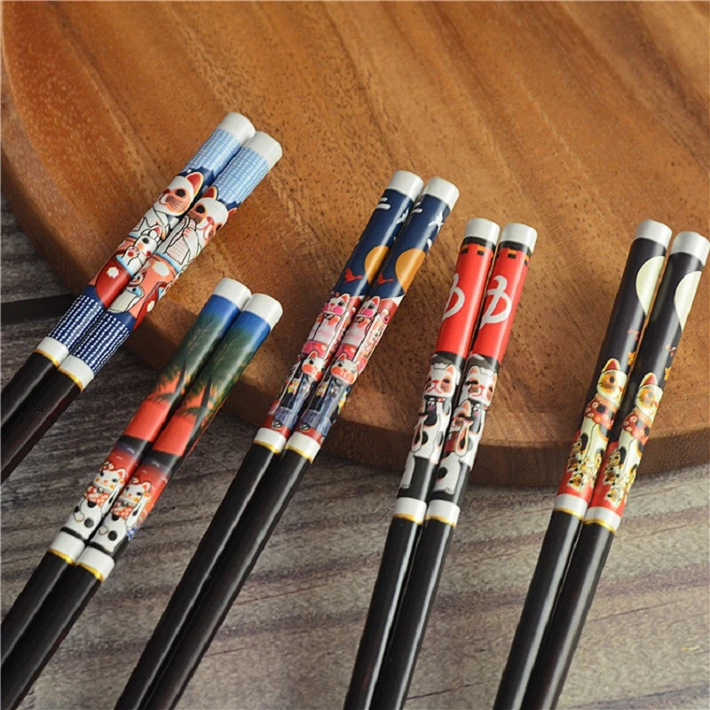 5paar/Box set chopsticks Japanese Style wood Reusable Lucky Cat Pattern Chopstick For Gift cute chop sticks