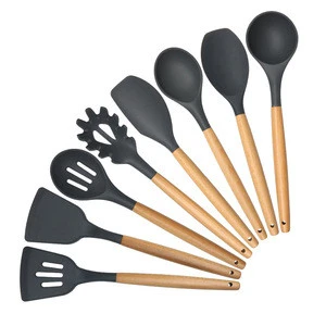 9 Pack Silicone Wooden Kitchenware Cooking Tools Set Silicone Kitchen Utensil Sets
