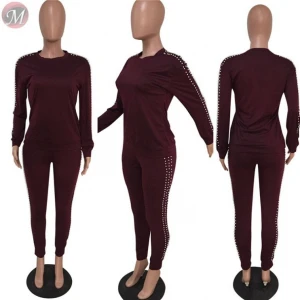 9112513 New Wholesale Winter Fall Sides Pearl Beaded Casual Solid Pants Suit Set Women Clothing Fashion Two Piece