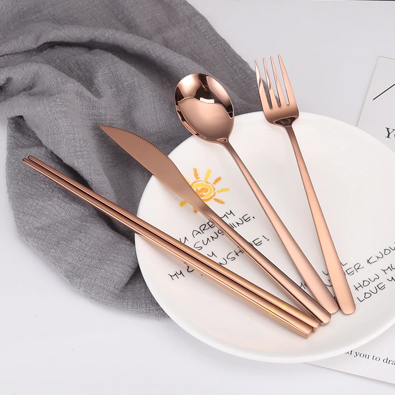 Amazon hot sell Korean Style 304 stainless steel cutlery set gold-plated solid rose gold flatware chopsticks knife fork spoon