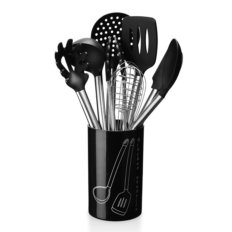 Amazon stock 9pcs set heat-resistant silicone kitchenware Stainless steel pipe handle Silicone spatula utensils set with storage