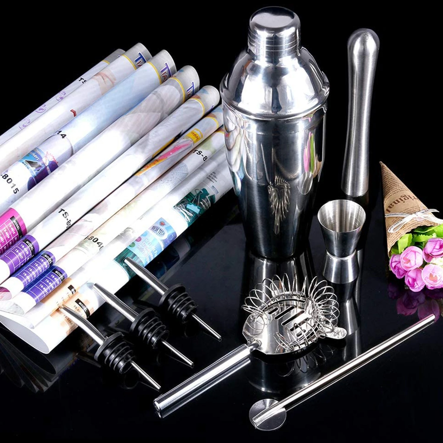 Amazon Top Seller Custom 10 Pieces Cocktail Shaker Making Set Stainless Steel Bar Tool Set Bartender Kit with Recipe Booklet