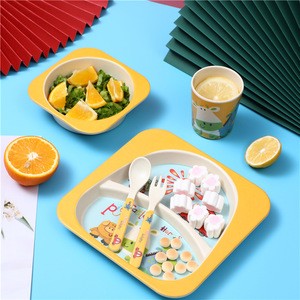 Bamboo fiber plastic kid tableware BPA free bowl plate cartoon children tableware set