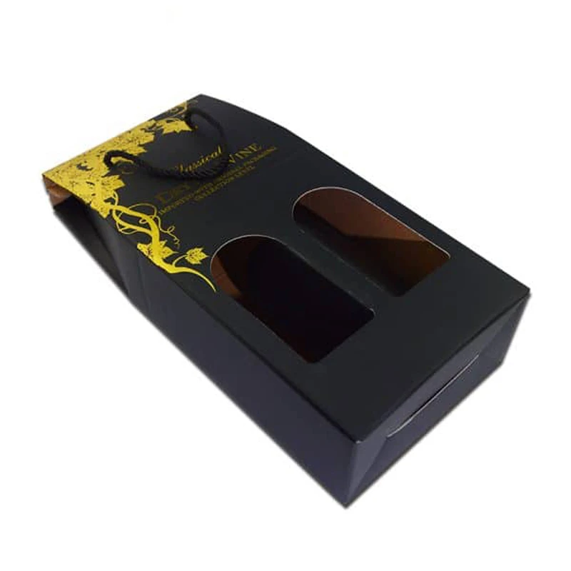 Bespoke Double bottles packing cardboard paper wine box with pp rope handle