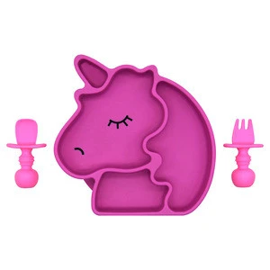 BHD BPA free Eco-friendly Stay Put Toddler Dishes Cute Animal Unicorn Shape Silicone Suction Plate for Babies