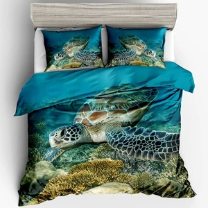 Blue Turtle Duvet Cover Full Ocean 3D Corals Fishes Hawaii Tortoise Print Bedding Set