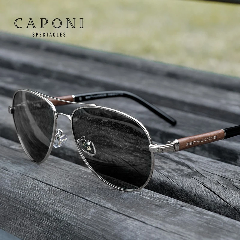 CAPONI Classical Pilot Sun Glasses Metal Wood Frame Designer Vintage Driving Polarized Photochromic Lens Sunglasses Mens 2020