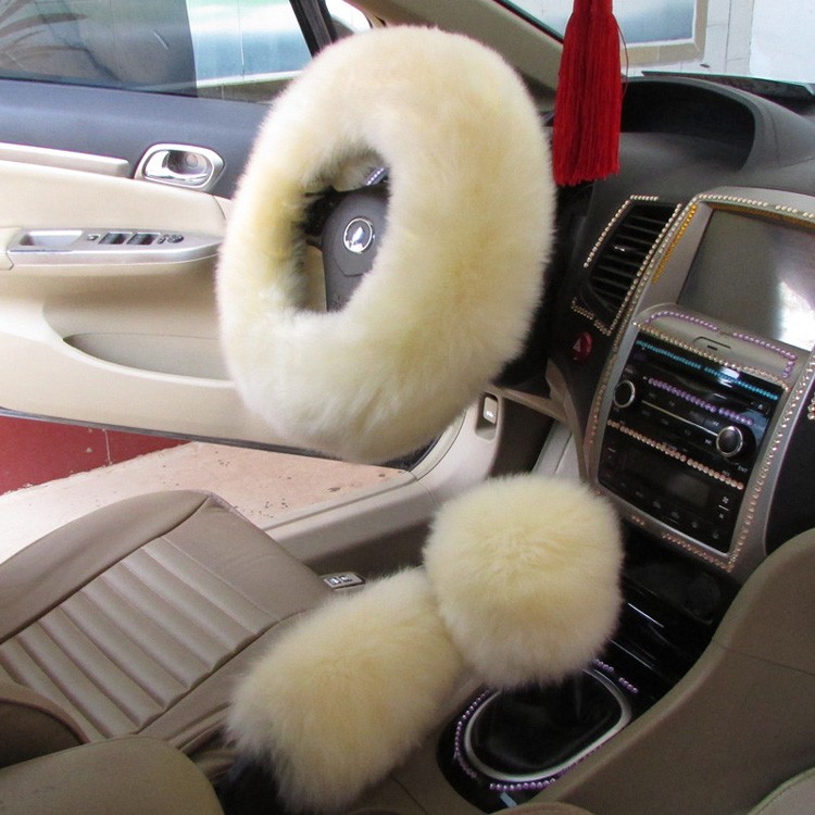 Car Interior Accessories Sheepskin Fur Steering Wheel Cover Set