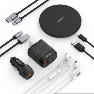 Charger Set Wall Charger Adapter Usb Port with Cable & Earphone and Qi Wireless charger & Car charger