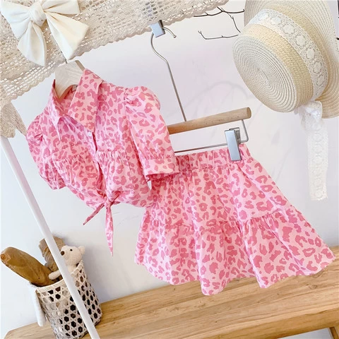 Children wear Clothing set 2022 Summer New kids baby Girls Lapel Puff Sleeve Pink Leopard Print Top High-waist Skirt Suit