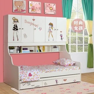 Children wood furniture sets of the kids girls bunk bed with cabinet and shelf