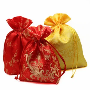 Chinese new year gift bag wedding favor satin drawstring packaging bag