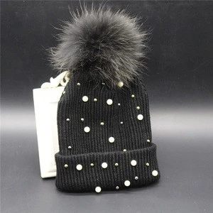colorful Beanie Hat Pompom Knit Cap With Pearls