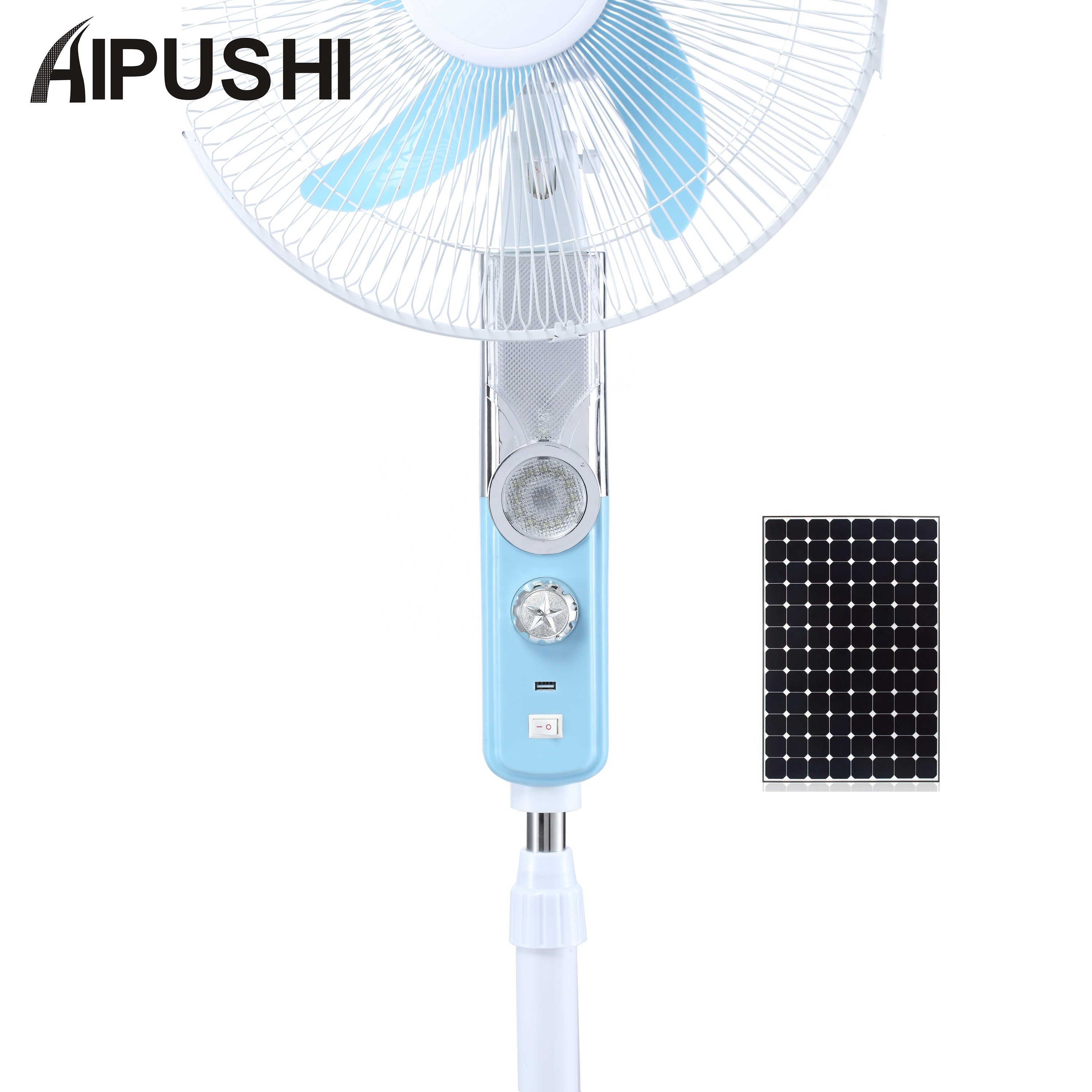 Cooling DC 12V Fan 16 18 inch Solar Hybrid Electric Fan Lithium  Rechargeable USB Port Stand Fan ACDC LED light built-in battery