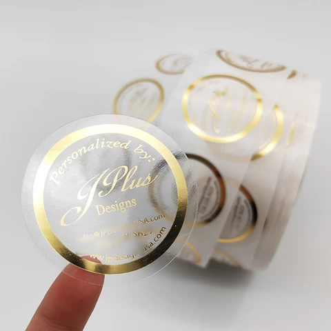 Custom Logo Printing Roll Transparent Labels Clear Gold Foil Self Adhesive Private Sticker
