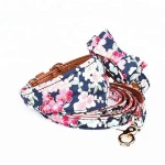 Cute PU Dog Leash Printing Pattern Fabric Pet Bandanas With Dog Collar