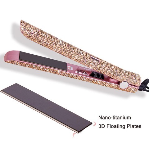 Diamond Titanium Floating Plates Hair Straightener Lcd Professional Bling Flat Iron