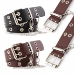 Double Pin Belt Buckle Women Designer Ladies Leather Belt With Chain PU Grommet Waist For Dress Punk