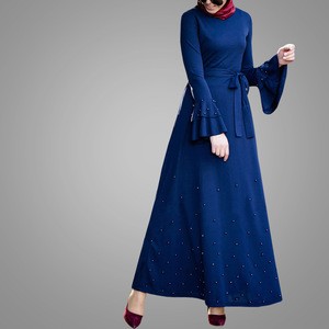 Elegant Maxi Party Muslim Dress High Quality Dark Blue Islamic Clothing Beautiful Beaded And Layers Dubai Abaya Nice Jilbab