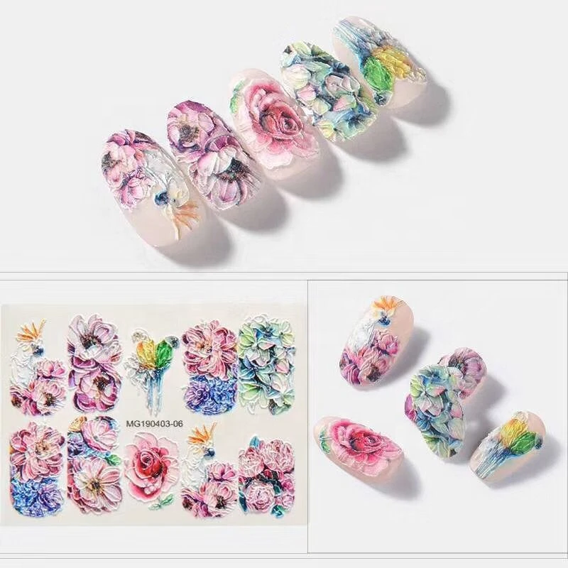 Embossed Flower Water Decals Empaistic Nail Water Slide Decals 5D Nail Sticker