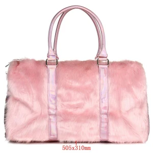 Extra Large Faux Fur Weekender Bag Gym Tote Workout Bag Fancy Laser Travel Pink Duffel Bag
