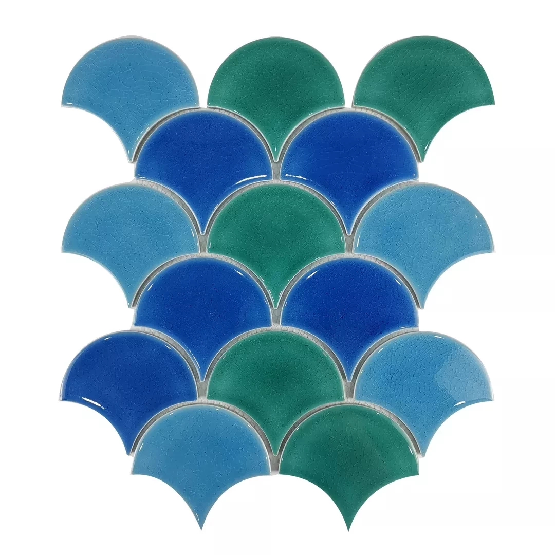 Fan shape blue ice cracked ceramic mosaic for swimming pool floor tiles