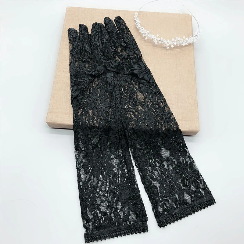 Fashion  Black Long stain lace  Fingerless  wedding gloves bridal For Women Ladies