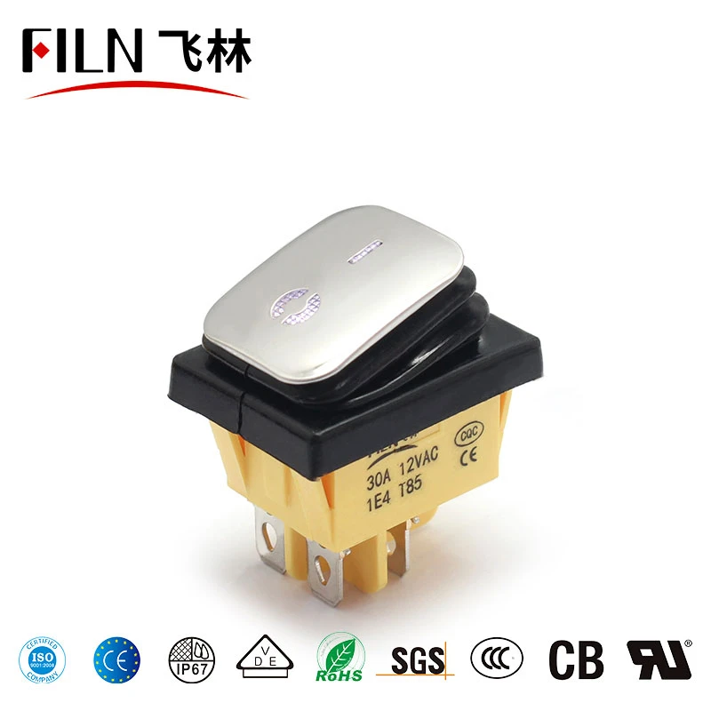 FILN Waterproof 4pins two speeds boat switch with frame 30A 12V AC ON OFF 22x30mm silver paint led waterproof rocker switch