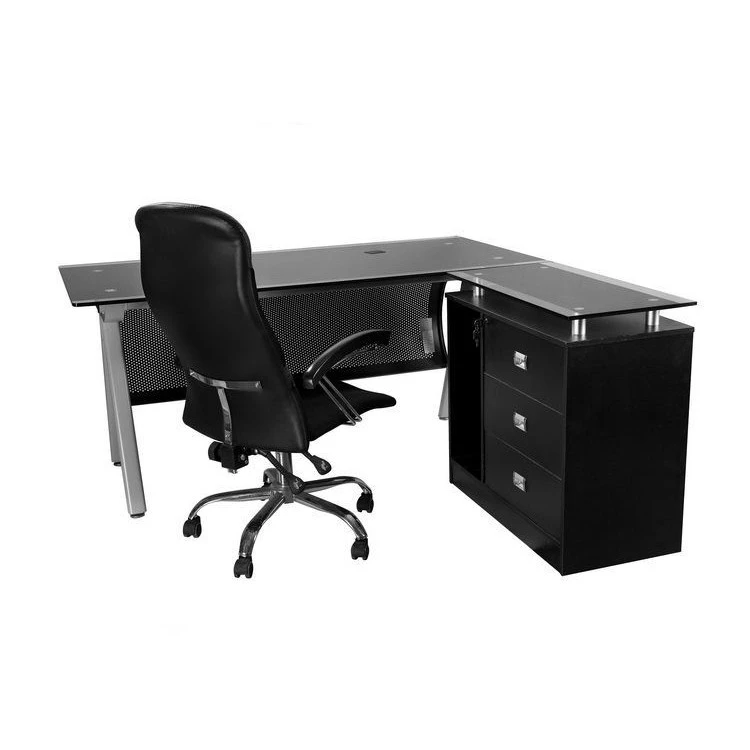 Foshan factory black tempered modern glass desk office furniture with drawer