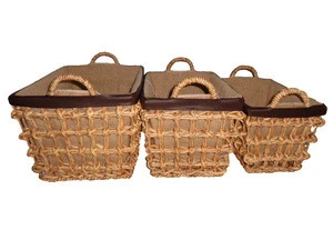 Handmade decor for Chirsmast 2015- Water hyacinth storage basket Burlap liner with brown faux leather hem