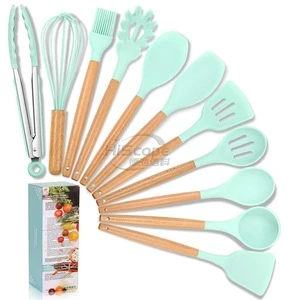 heat resistant material 11pieces silicone kitchen cooking utensils with wooden handle kitchen utensils for non-stick cookware