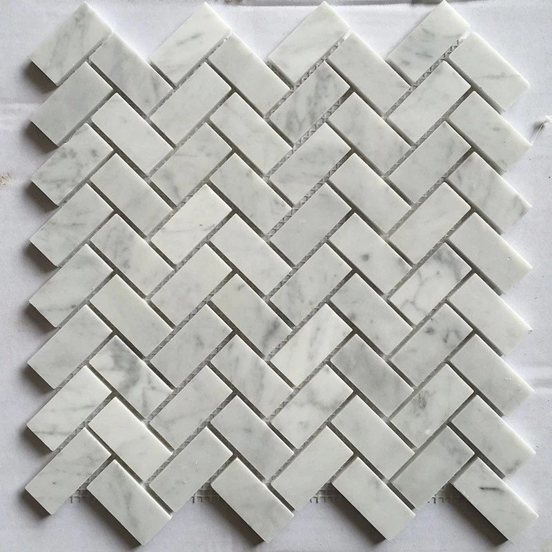 Honed Surface 1*2 Herringbone Carrara White Marble Mosaic Floor Tile