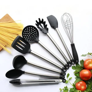 Hot sale amazon 8 pieces food Grade Silicone Kitchen Tools Gadgets Stainless Steel Handle Silicone Kitchen Cooking Utensils set