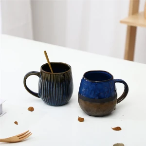 Hot selling cheap porcelain mug/cup stripe relief tea milk coffee unique antique blue coffee ceramic mug with custom logo